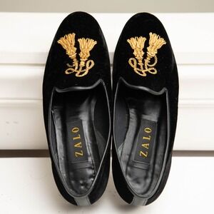 VTG Zalo Black Velvet Flats Sz7.5 Loafer Tassel Old Money Victorian Glam Regency